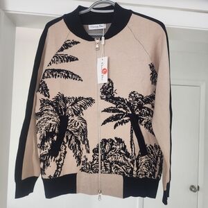 Dior Beige and Black Palm Tree Zip-Front Cardigan Sweater